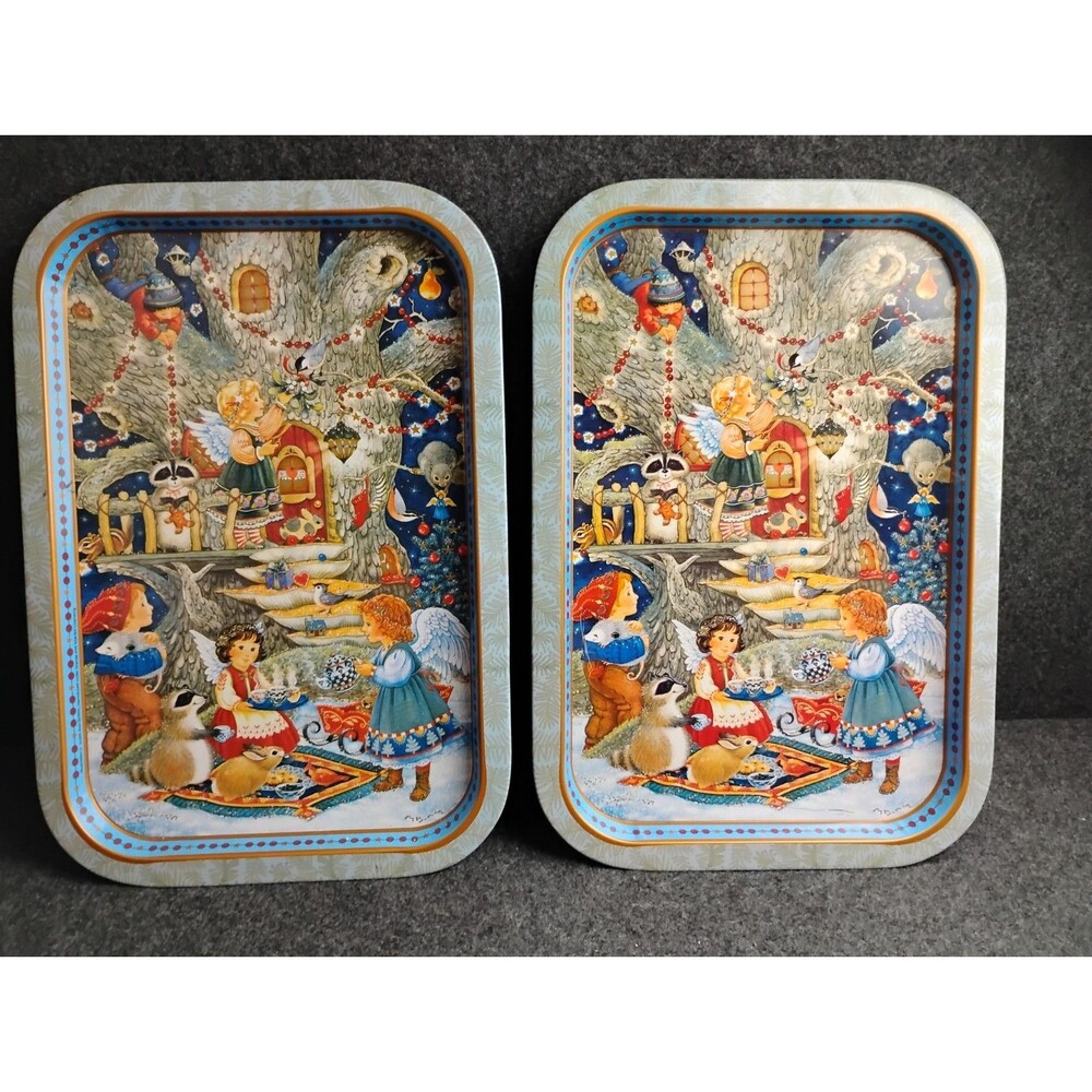 Vintage Cherub Treehouse Set of 2 Christmas Metal Trays Each Approx 13.5" x 9"